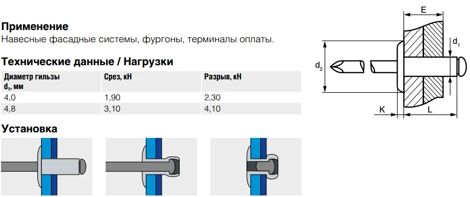 Заклепка Bralo вытяжная стальная широкий бортик, 4х6x10 мм.